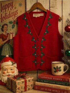 Vintage Tally Ho Red Holly Christmas Sweater Vest Grandmacore L